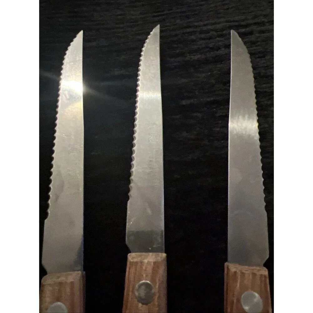 Vintage Knife Serrated Blade Wood Handle | 8” | Set of 3
